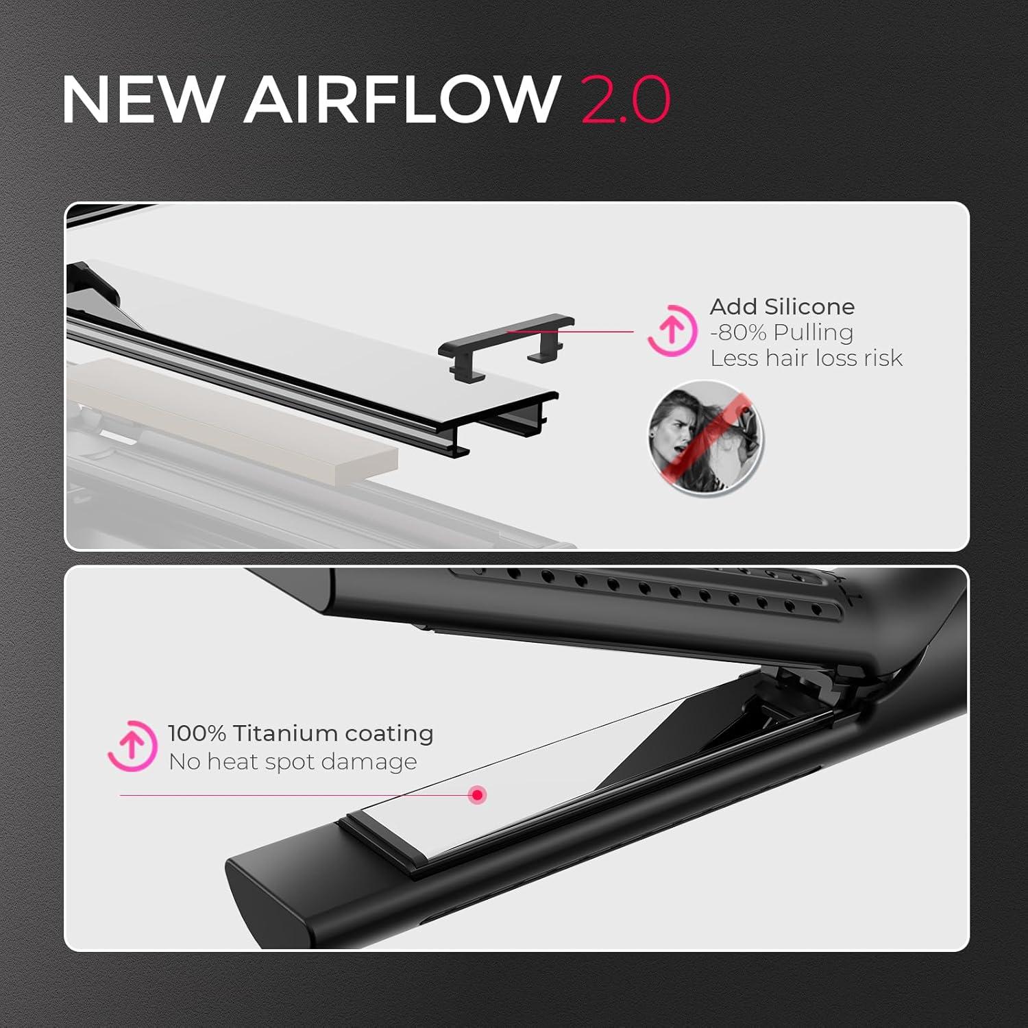 imageTYMO Airflow 20 Curling Iron Flat Iron  Hair Straightener and Curler 2 in 1 125 Inch Curling Wand for Long Short Hair Dual Voltage for Travel 54 Million Ionic AntiTangle 5 Temps Gold BlushBlack