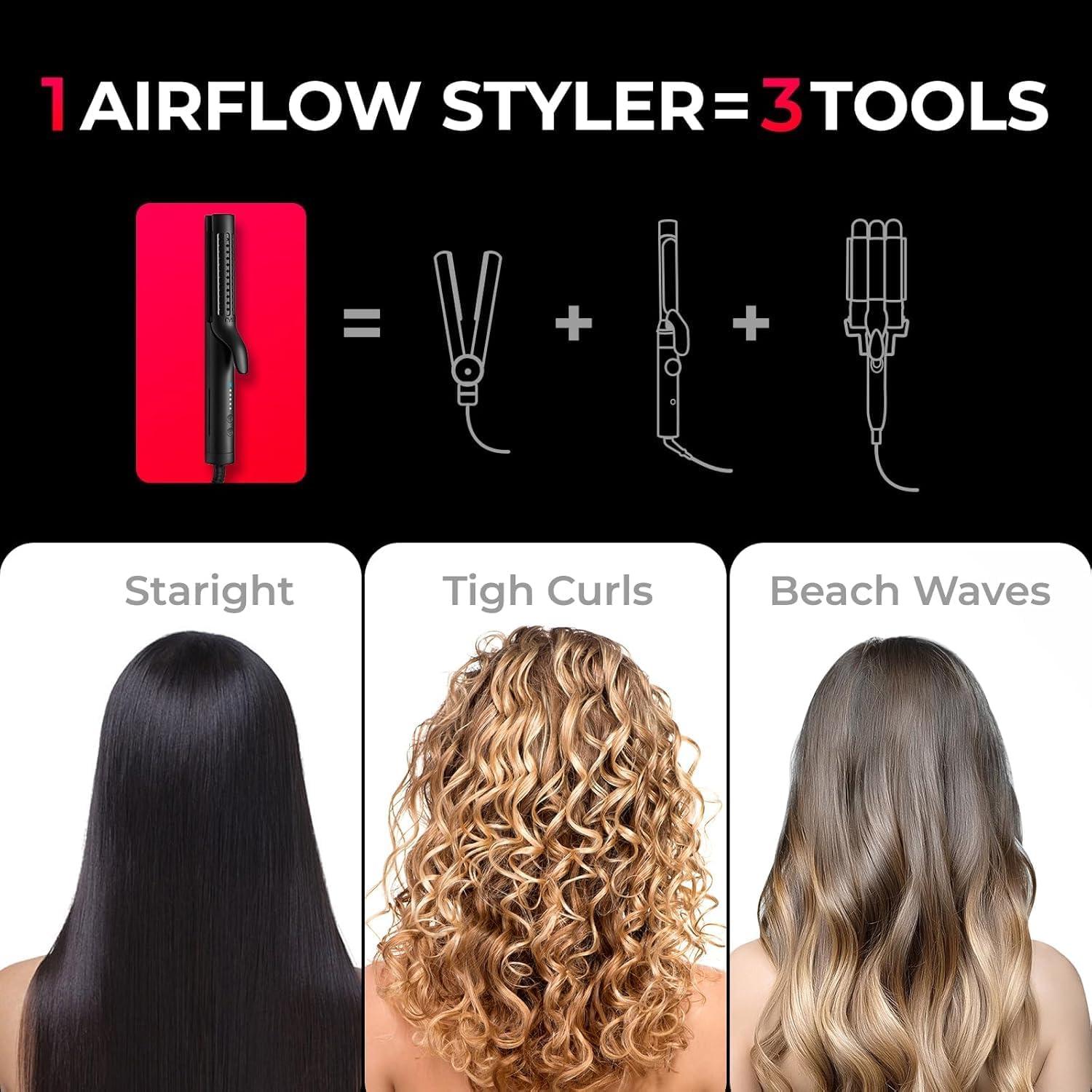 imageTYMO Airflow 20 Curling Iron Flat Iron  Hair Straightener and Curler 2 in 1 125 Inch Curling Wand for Long Short Hair Dual Voltage for Travel 54 Million Ionic AntiTangle 5 Temps Gold BlushBlack