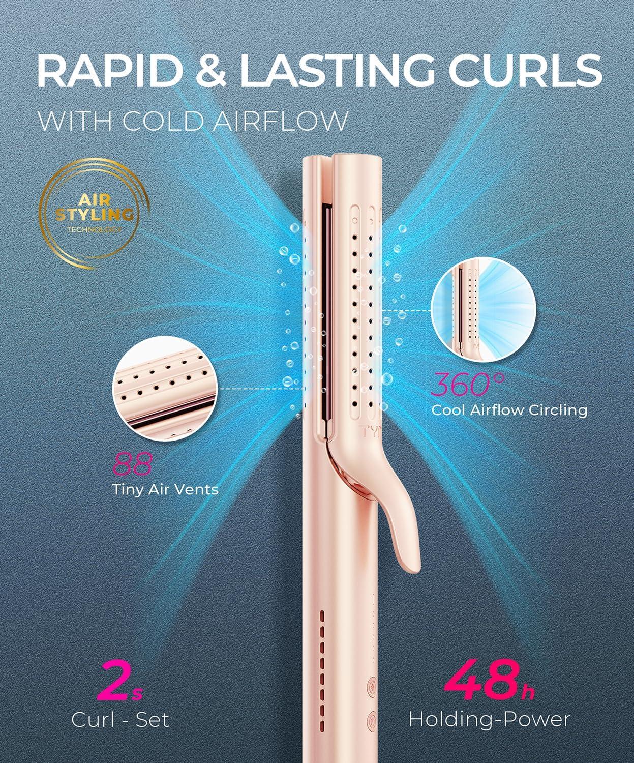 imageTYMO Airflow 20 Curling Iron Flat Iron  Hair Straightener and Curler 2 in 1 125 Inch Curling Wand for Long Short Hair Dual Voltage for Travel 54 Million Ionic AntiTangle 5 Temps Gold BlushGold Blush