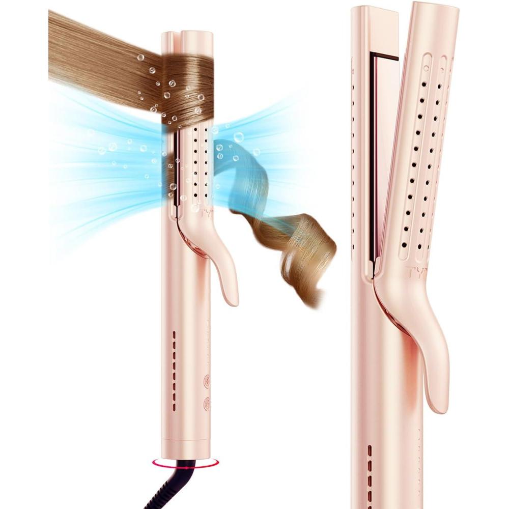 imageTYMO Airflow 20 Curling Iron Flat Iron  Hair Straightener and Curler 2 in 1 125 Inch Curling Wand for Long Short Hair Dual Voltage for Travel 54 Million Ionic AntiTangle 5 Temps Gold BlushGold Blush