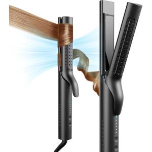 imageTYMO Airflow 20 Curling Iron Flat Iron  Hair Straightener and Curler 2 in 1 125 Inch Curling Wand for Long Short Hair Dual Voltage for Travel 54 Million Ionic AntiTangle 5 Temps Gold BlushBlack