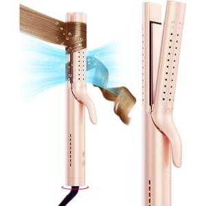 imageTYMO Airflow 20 Curling Iron Flat Iron  Hair Straightener and Curler 2 in 1 125 Inch Curling Wand for Long Short Hair Dual Voltage for Travel 54 Million Ionic AntiTangle 5 Temps Gold BlushGold Blush