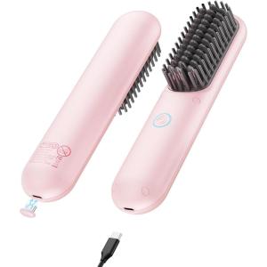 imageTYMO Cordless Hair Straightener Brush  Porta ECO Portable Straightening Brush for Travel Mini Hot Ionic Straightener Comb for Women Ceramic Coating Lightweight for Touchups No Charger PinkPink