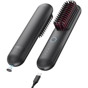 imageTYMO Cordless Hair Straightener Brush  Porta ECO Portable Straightening Brush for Travel Mini Hot Straightening Comb for Women Ceramic Coating Lightweight for Touchups AntiScald Black