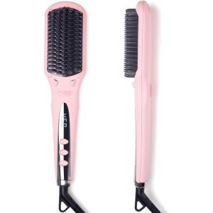 imageTYMO Ionic Hair Straightener Brush  OneStep Hair Straightener for Women Straightening Brush with Negative Ions 16 Temp Settings LCD Display Dual Voltage Hot Comb Flat Iron for FrizzFree StylesPink