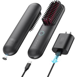 imageTYMO Porta Cordless Hair Straightener Brush  Mini Portable Straightening Brush for Travel  Negative Ion Hair Straightener Styling Comb  USB Rechargeable Feature  Safety AntiScald DesignBlack