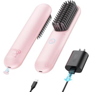 imageTYMO Porta Cordless Hair Straightener Brush  Mini Portable Straightening Brush for Travel  Negative Ion Hair Straightener Styling Comb  USB Rechargeable Feature  Safety AntiScald DesignBlush