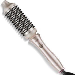 imageTYMO Thermal Brush Heated Round Brush  STYLUX Blowout Volumizer with FlexiFit Tech for Hair Straightening Curling Styler Tool Hair Straightener and Curler 2 in 1 Dual Voltage Quick ampamp Easy GoldGold