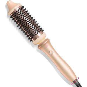 imageTYMO Thermal Brush Heated Round Brush  STYLUX Blowout Volumizer with FlexiFit Tech for Hair Straightening Curling Styler Tool Hair Straightener and Curler 2 in 1 Dual Voltage Quick ampamp Easy GoldSakura Pink