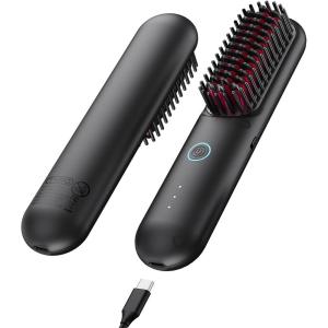 imageTYMO Cordless Hair Straightener Brush  Upgrade Porta ECO Portable Straightening Brush for Travel Mini Hot Straightening Comb for Women Ceramic Coating Lightweight for TouchupsAntiScald BlackBlack