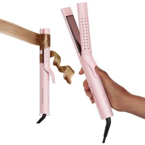 imageTYMO Airflow 20 Flat Iron Hair Straightener  Titanium Curling Iron for Short Hair 1 14 Inch Wand Curler and Straightener 2 in 1 54 Million Ionic AntiScald for Women Travel Dual Voltage Pink