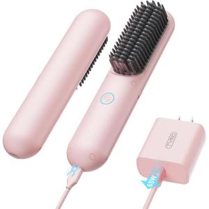 imageTYMO Cordless Hair Straightener Brush  Porta PRO Portable Straightening Brush for Travel Mini Ionic Hot Comb Straightener for Women Lightweight onThego Cordless ampamp Fast Charger Dual Power Pink