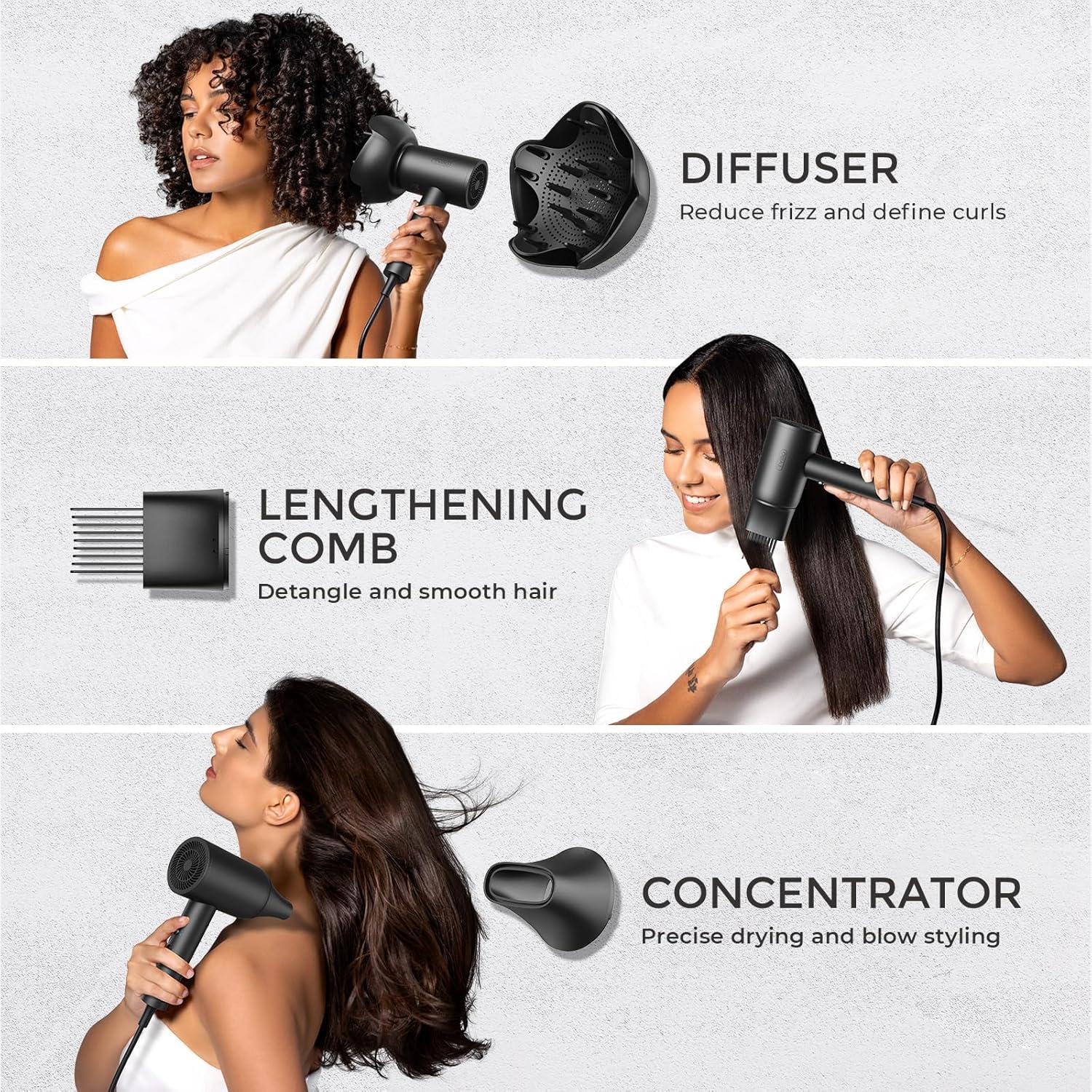 imageTYMO Blow Dryer Hair Dryer for Women  300 Million Ionic Hairdryer with Diffuser ampamp Comb Attachment for Curly Hair Professional Blowdryer with Cool Air Button Small Travel 077 lb Lightweight Black