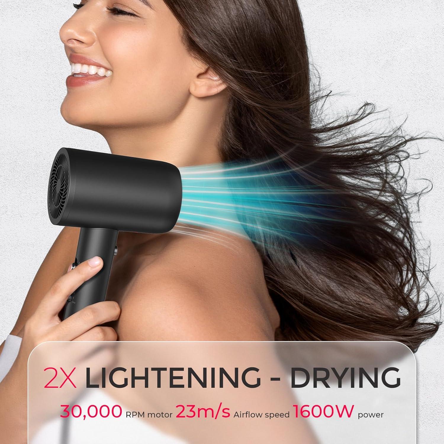 imageTYMO Blow Dryer Hair Dryer for Women  300 Million Ionic Hairdryer with Diffuser ampamp Comb Attachment for Curly Hair Professional Blowdryer with Cool Air Button Small Travel 077 lb Lightweight Black